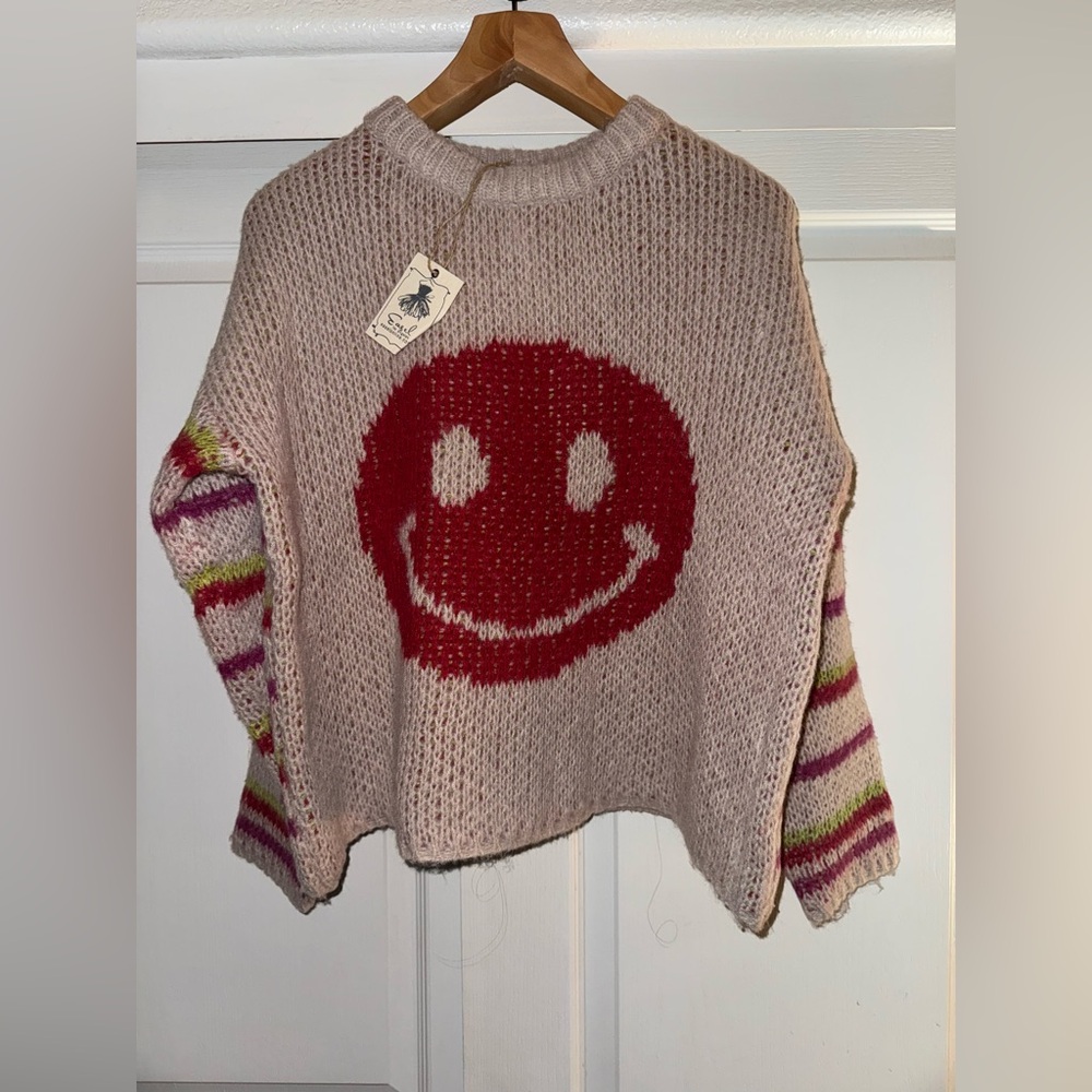 Easel Smiley Face Knit Sweater - Pink and Red